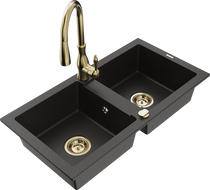 Mexen Mario granite double sink with Savita kitchen tap, black/gold metallic - 6504-75-672601-50