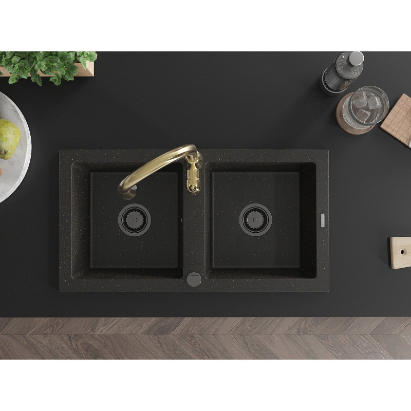 Mexen Mario fregadero de granito de 2 compartimentos con grifo de cocina Savita, negro/dorado metálico - 6504-75-672601-50-B