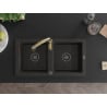 Mexen Mario granite double-bowl kitchen sink with Savita faucet, black/golden metallic - 6504-75-672601-50-B