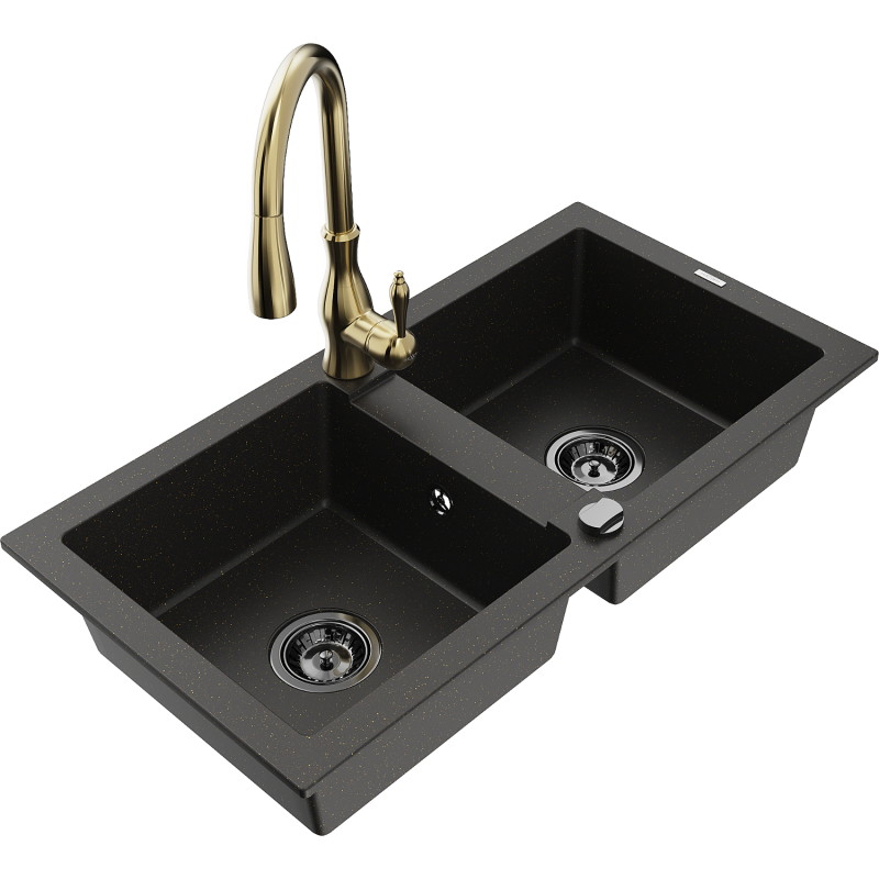 Mexen Mario fregadero de granito de 2 compartimentos con grifo de cocina Savita, negro/dorado metálico - 6504-75-672601-50-B