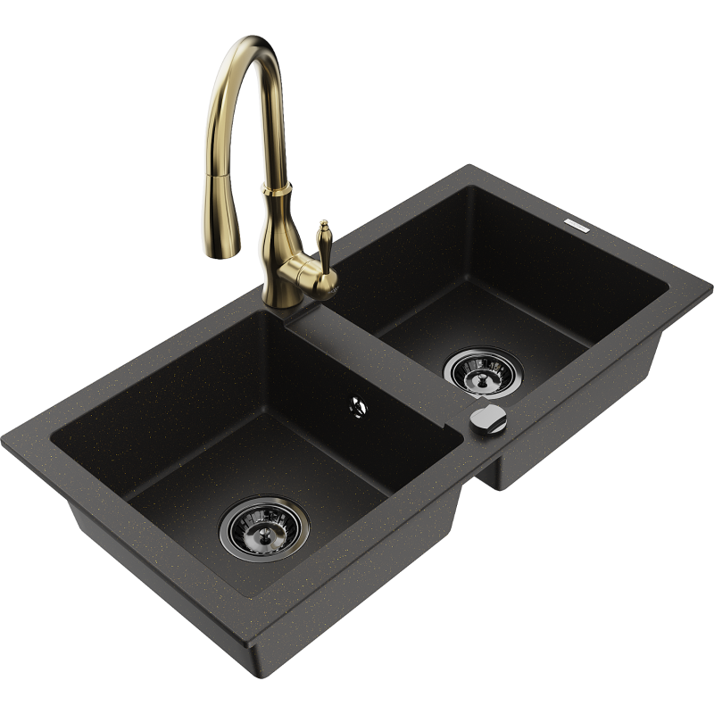Mexen Mario lava-loiça em granito com 2 cubas e torneira de cozinha Savita, preto/dourado metálico - 6504-75-672601-50-B