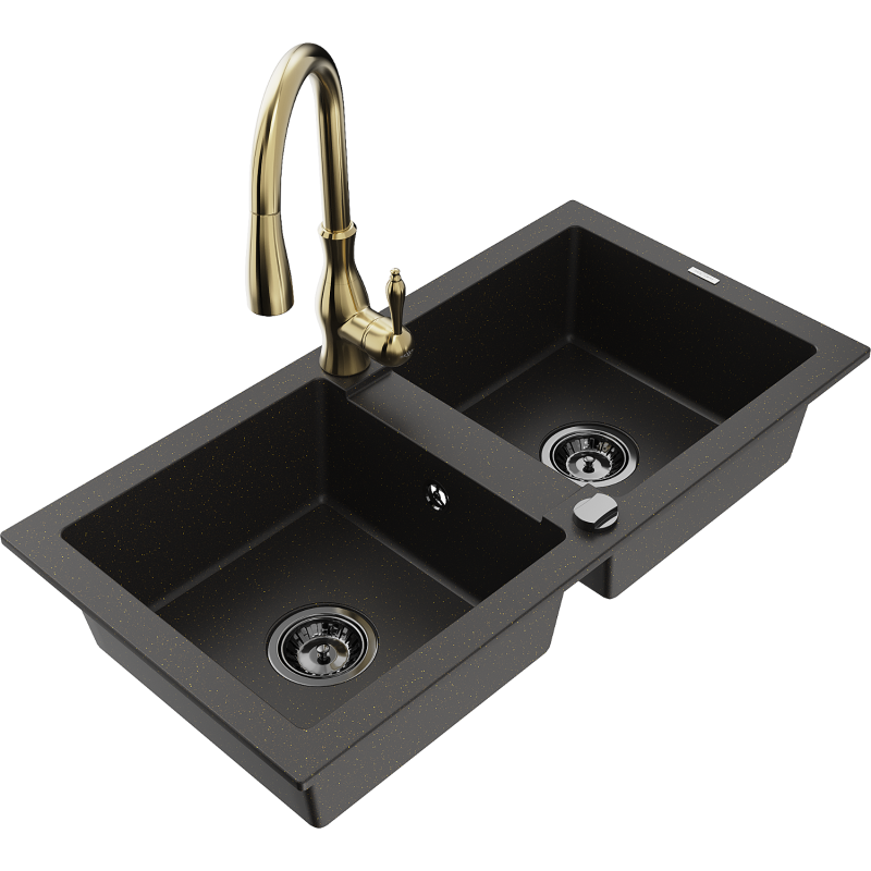 Mexen Mario lavello da cucina in granito a 2 vasche con miscelatore Savita, nero/oro metallizzato - 6504-75-672601-50-B