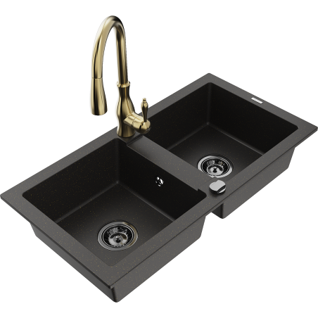 Mexen Mario granieten spoelbak 2-kamer met keukenmengkraan Savita, zwart/goud metallic - 6504-75-672601-50-B