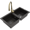 Mexen Mario fregadero de granito de 2 senos con grifo de cocina Savita, negro/dorado metálico - 6504-75-672601-50-B