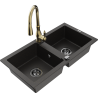 Mexen Mario granite double-bowl kitchen sink with Savita faucet, black/golden metallic - 6504-75-672601-50-B