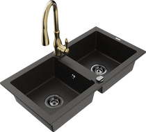 Mexen Mario granite double-bowl kitchen sink with Savita faucet, black/golden metallic - 6504-75-672601-50-B