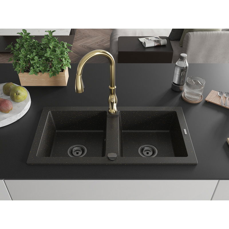 Mexen Mario granite 2-bowl sink with Savita kitchen tap, black/gold metallic - 6504-75-672601-50-B