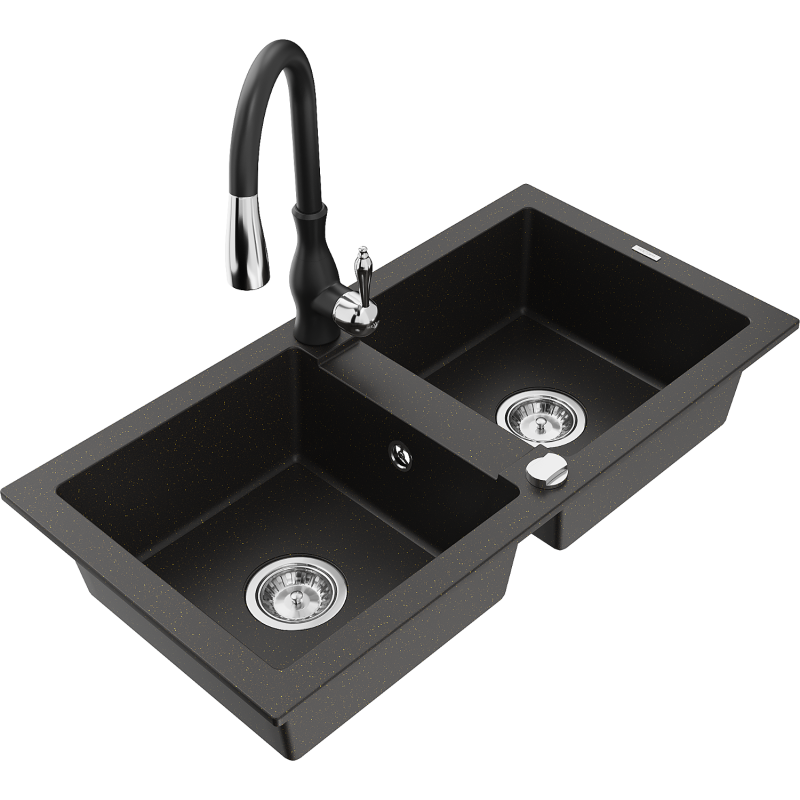 Mexen Mario Dvojni granitni pomivalnik s kuhinjsko pipo Savita, črn/zlat kovinski - 6504-75-672601-70