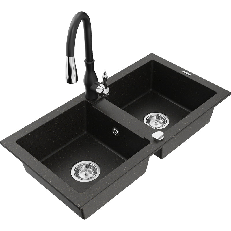 Mexen Mario fregadero de granito de 2 senos con grifo de cocina Savita, negro/dorado metálico - 6504-75-672601-70