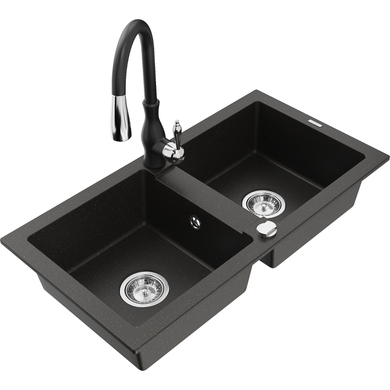 Mexen Mario granite sink 2-chamber with Savita kitchen tap, black/gold metallic - 6504-75-672601-70