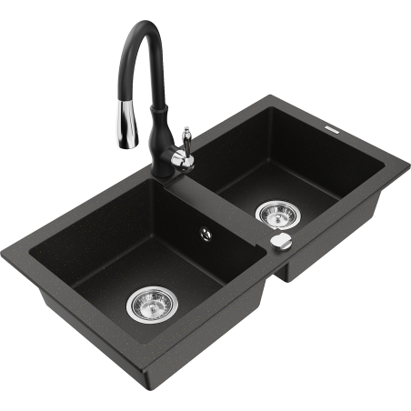 Mexen Mario fregadero de granito de 2 senos con grifo de cocina Savita, negro/dorado metálico - 6504-75-672601-70