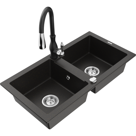 Mexen Mario granite sink 2-chamber with Savita kitchen tap, black/gold metallic - 6504-75-672601-70
