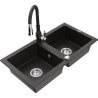 Mexen Mario granite sink 2-chamber with Savita kitchen tap, black/gold metallic - 6504-75-672601-70
