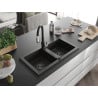 Mexen Mario Granitspüle 2-Becken mit Küchenarmatur Savita, Schwarz/Gold Metallic - 6504-75-672601-70-B