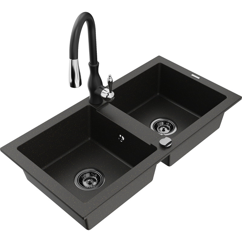 Mexen Mario fregadero de granito de 2 compartimentos con grifo de cocina Savita, negro/dorado metálico - 6504-75-672601-70-B