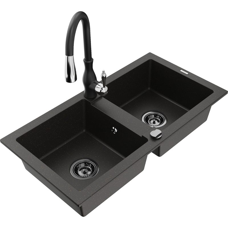 Mexen Mario fregadero de granito de 2 senos con grifo de cocina Savita, negro/dorado metálico - 6504-75-672601-70-B