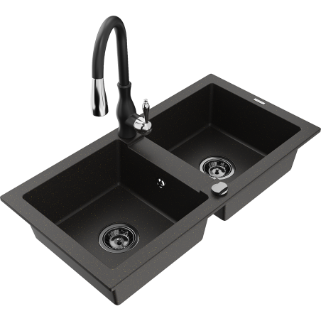 Mexen Mario fregadero de granito de 2 compartimentos con grifo de cocina Savita, negro/dorado metálico - 6504-75-672601-70-B
