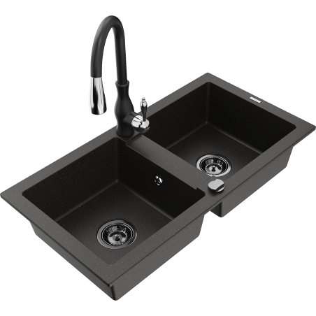 Mexen Mario Granitspüle 2-Becken mit Küchenarmatur Savita, Schwarz/Gold Metallic - 6504-75-672601-70-B