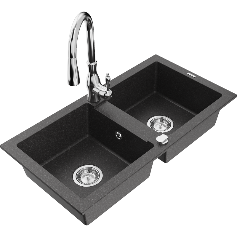 Mexen Mario fregadero de granito de 2 senos con grifo de cocina Savita, negro salpicado - 6504-76-672601-00