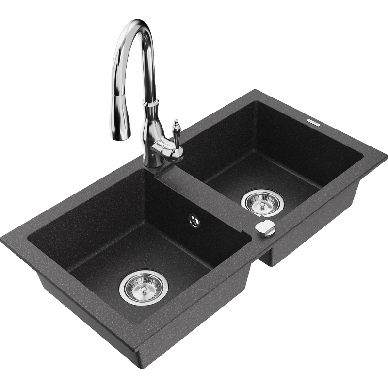 Mexen Mario granite sink 2-bowl with Savita kitchen tap, black spotted - 6504-76-672601-00