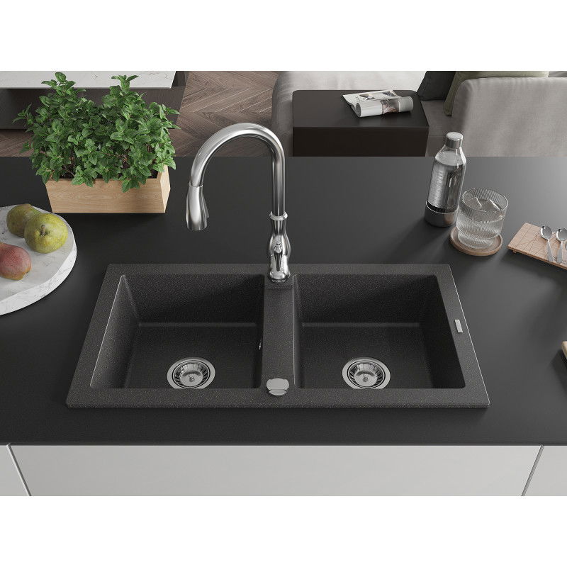 Mexen Mario granite sink 2-bowl with Savita kitchen tap, black spotted - 6504-76-672601-00