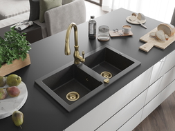 Mexen Mario 2-bowl granite sink with Savita kitchen tap, black speckled - 6504-76-672601-50