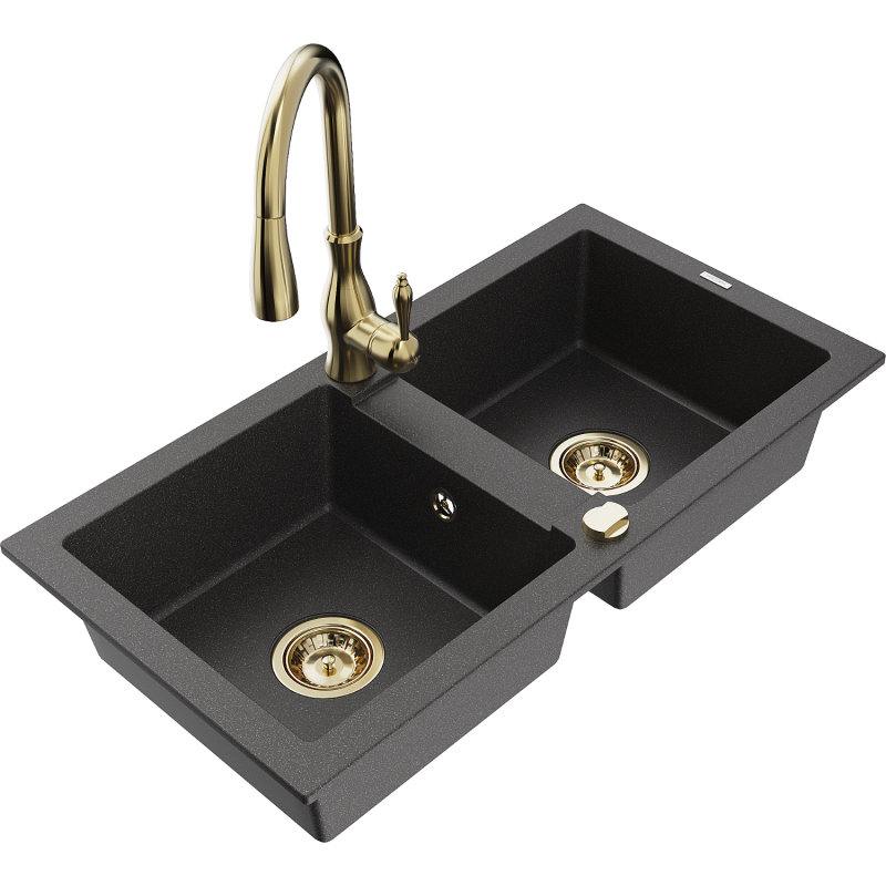 Mexen Mario fregadero de granito de 2 senos con grifo de cocina Savita, negro moteado - 6504-76-672601-50