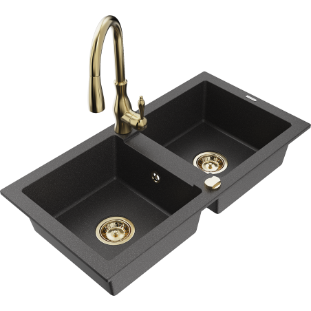 Mexen Mario 2-bowl granite sink with Savita kitchen tap, black speckled - 6504-76-672601-50