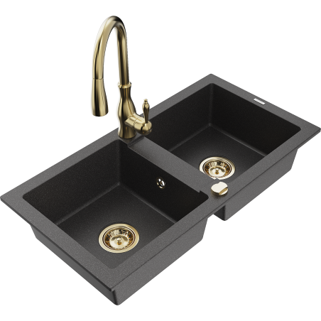 Mexen Mario fregadero de granito de 2 compartimentos con grifo de cocina Savita, negro moteado - 6504-76-672601-50
