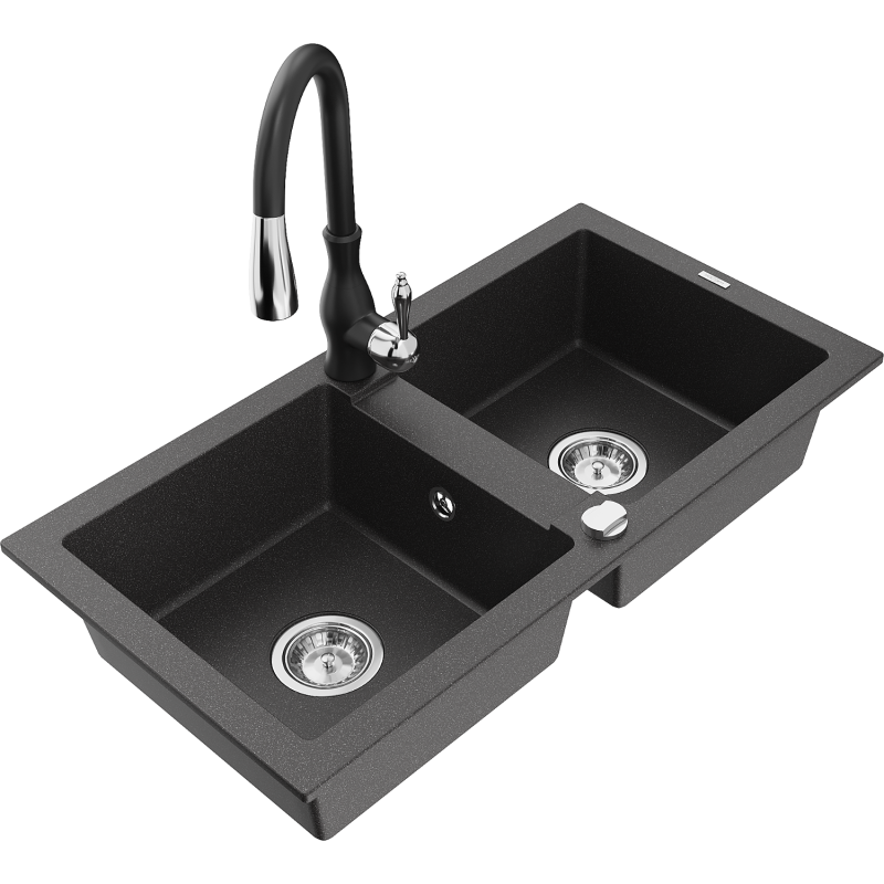 Mexen Mario fregadero de granito de 2 compartimentos con grifo de cocina Savita, negro moteado - 6504-76-672601-70