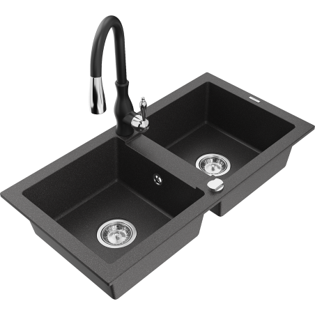 Mexen Mario lava-loiça de granito 2-cubas com torneira de cozinha Savita, preto salpicado - 6504-76-672601-70