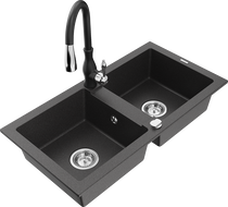 Mexen Mario granite kitchen sink, 2-bowl with Savita kitchen faucet, black speckled - 6504-76-672601-70