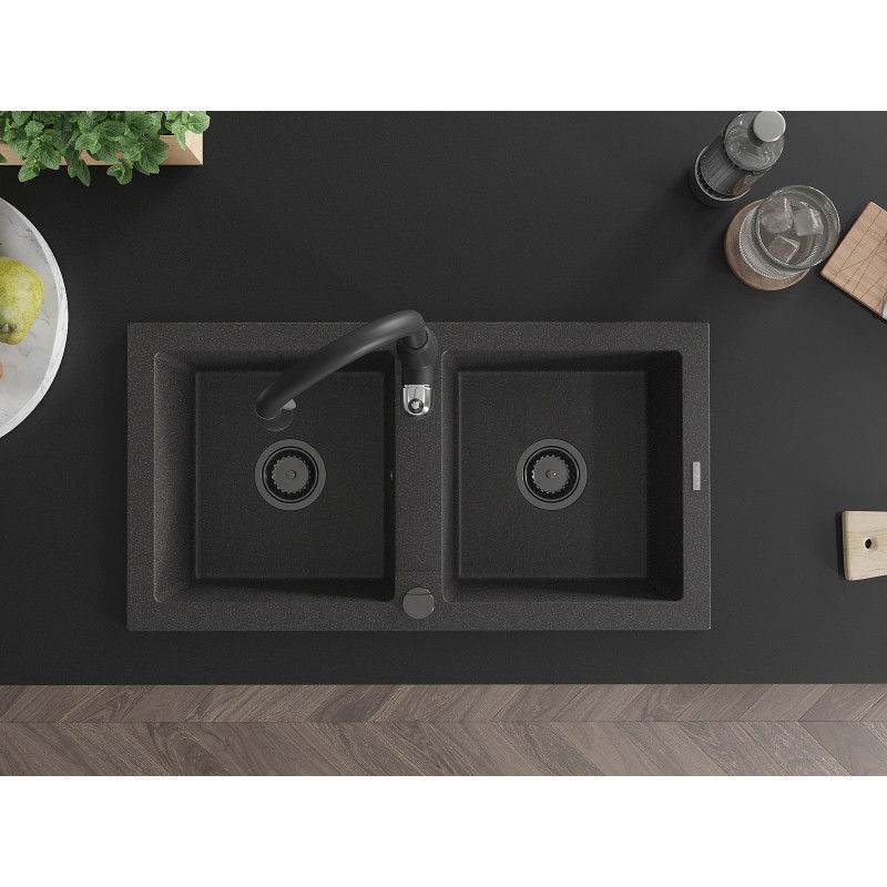 Mexen Mario granite sink 2-bowl with Savita kitchen tap, black speckled - 6504-76-672601-70-B