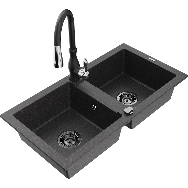 Mexen Mario granite sink 2-bowl with Savita kitchen tap, black speckled - 6504-76-672601-70-B