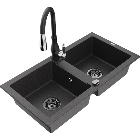 Mexen Mario granite sink 2-bowl with Savita kitchen tap, black speckled - 6504-76-672601-70-B
