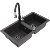 Mexen Mario granite sink 2-bowl with Savita kitchen tap, black speckled - 6504-76-672601-70-B