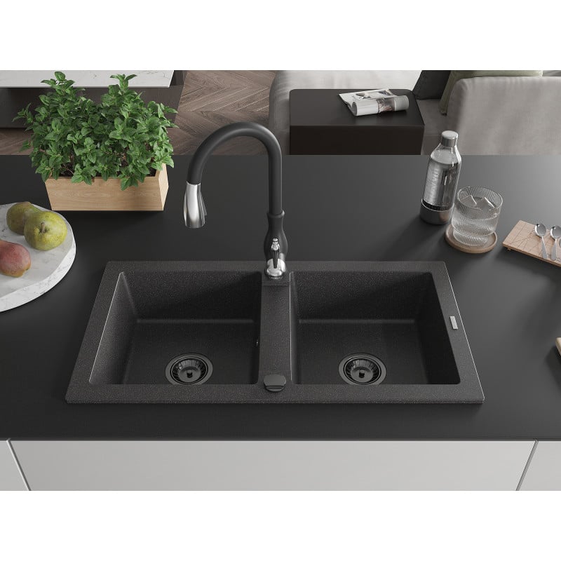 Mexen Mario fregadero de granito de 2 compartimientos con grifo de cocina Savita, negro moteado - 6504-76-672601-70-B