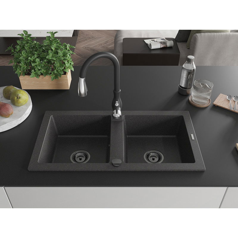Mexen Mario granieten gootsteen 2-komoren met keukenmengkraan Savita, zwart gespikkeld - 6504-76-672601-70-B