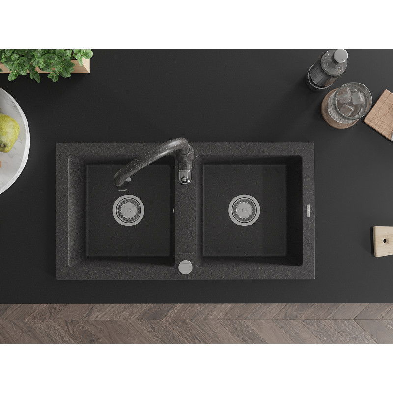 Mexen Mario divkāršs granīta virtuves izlietne ar Savita virtuves krānu, melns ar plankumiem - 6504-76-672601-76