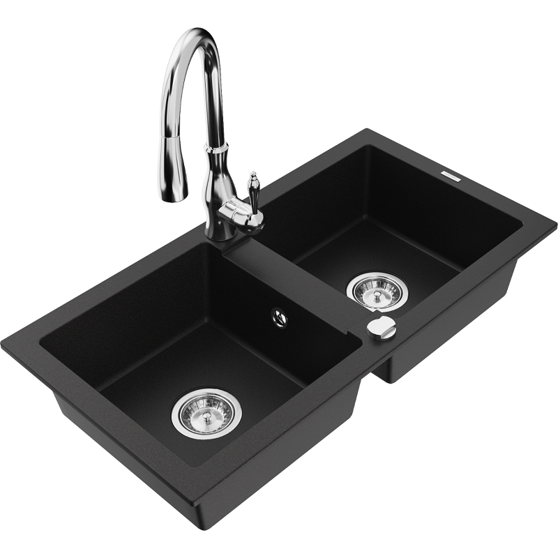 Mexen Mario fregadero de granito de 2 compartimentos con grifo de cocina Savita, negro - 6504-77-672601-00
