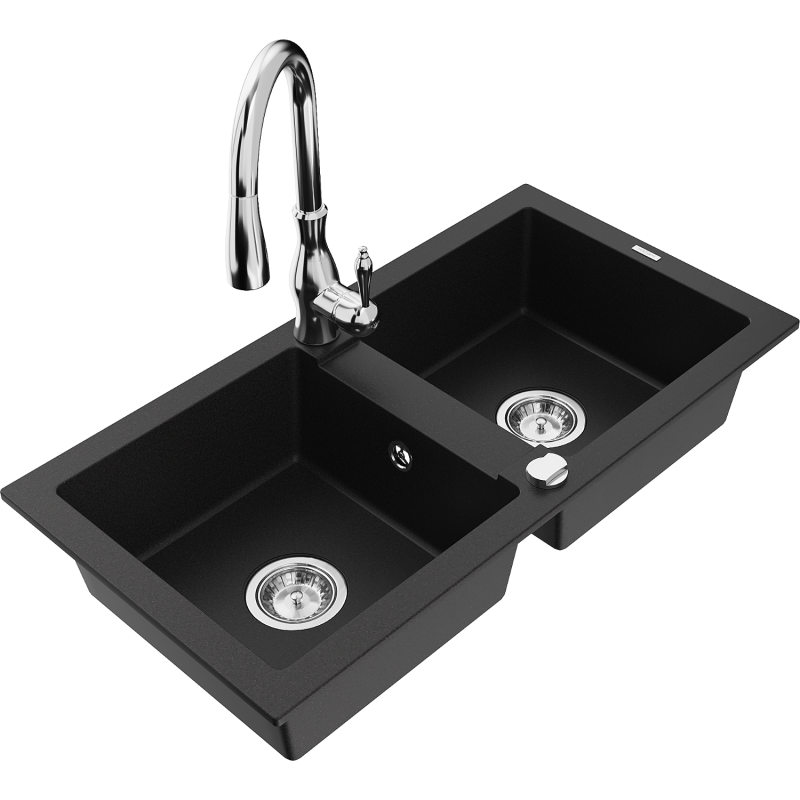 Mexen Mario lava-loiça de granito com 2 cubas e torneira de cozinha Savita, preto - 6504-77-672601-00