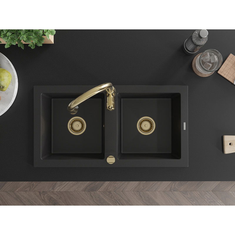 Mexen Mario granite sink 2-bowl with Savita kitchen tap, black - 6504-77-672601-50