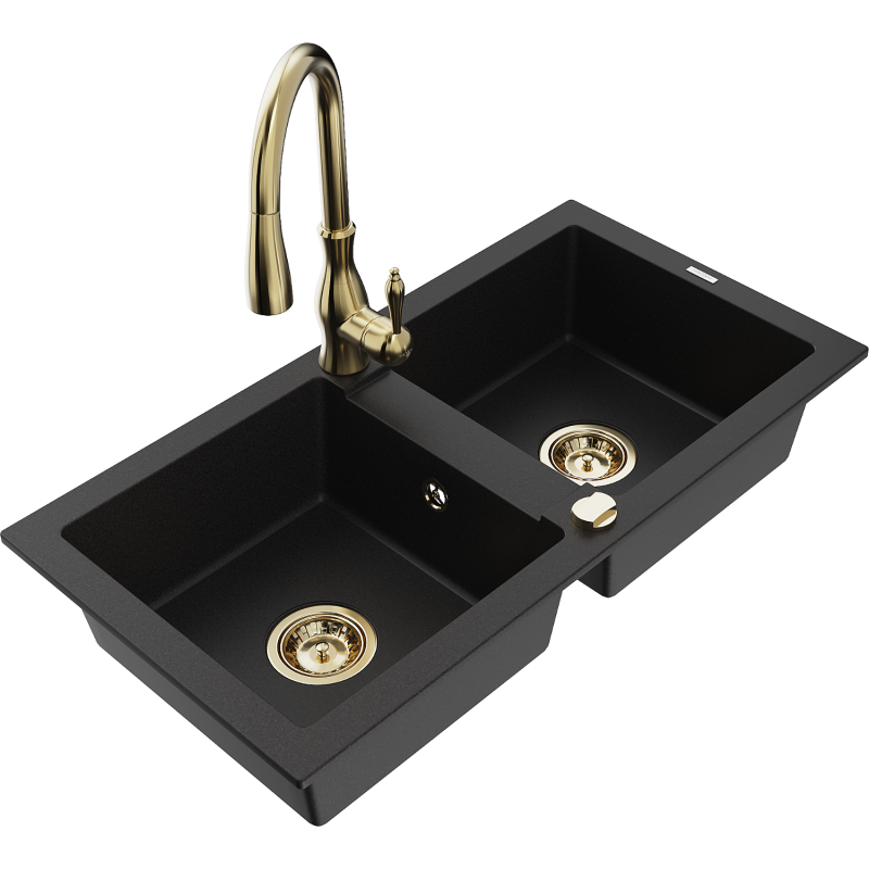 Mexen Mario fregadero de granito 2 compartimentos con grifo de cocina Savita, negro - 6504-77-672601-50