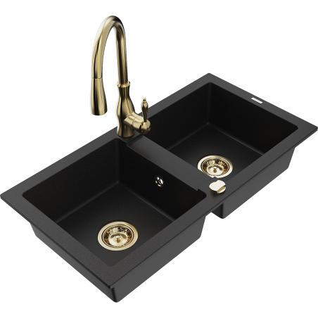 Mexen Mario dubbele granieten gootsteen met keukenkraan Savita, zwart - 6504-77-672601-50