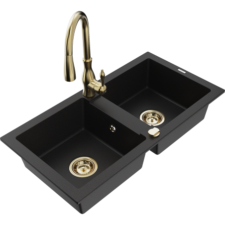 Mexen Mario granite sink 2-bowl with Savita kitchen tap, black - 6504-77-672601-50
