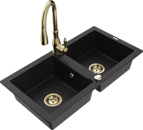 Mexen Mario granite sink 2-bowl with Savita kitchen tap, black - 6504-77-672601-50