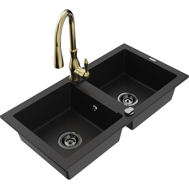 Mexen Mario fregadero de granito de 2 compartimentos con grifo de cocina Savita, negro - 6504-77-672601-50-B