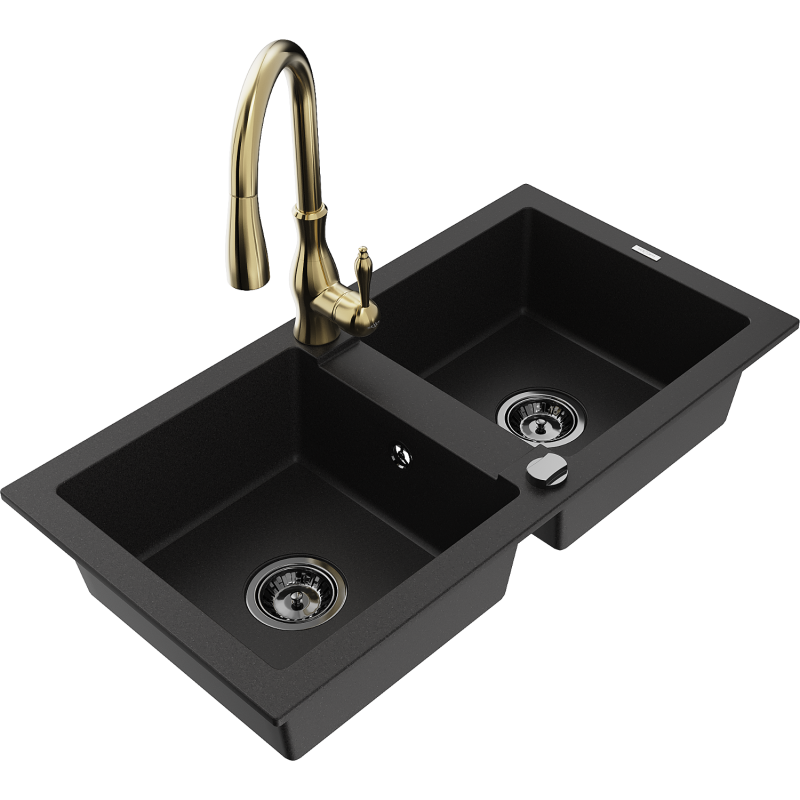 Mexen Mario granite sink with 2 bowls and Savita kitchen tap, black - 6504-77-672601-50-B