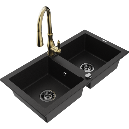 Mexen Mario granitīgs virtuves izlietne ar 2 sekcijām un Savita jaucējkrānu, melns - 6504-77-672601-50-B