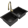Mexen Mario granite sink with 2 bowls and Savita kitchen tap, black - 6504-77-672601-50-B